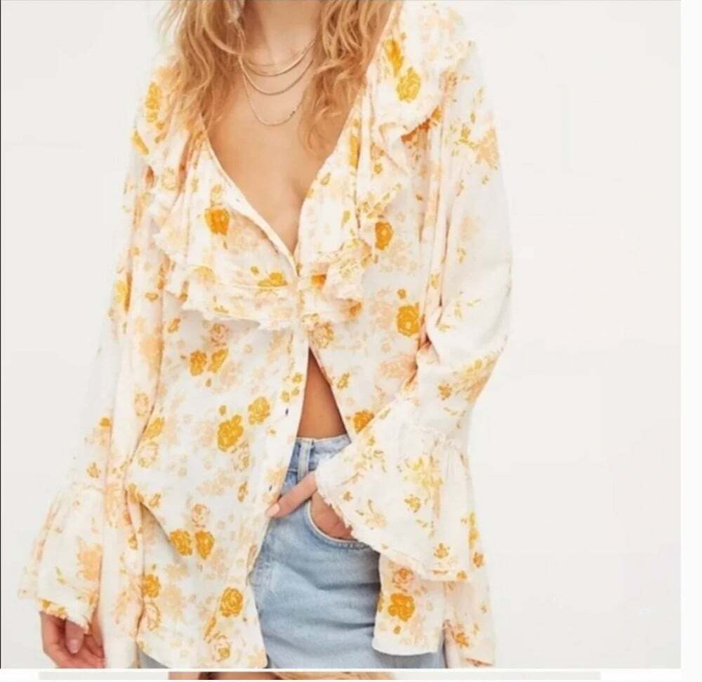 Free People Loretta Blouse Womens M White Floral Button Ruffle Long Sleeve Top